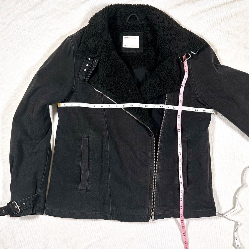 Asos Washed Denim Shearling Black Jacket Moto Biker Zip Up uk12 Large - Picture 4 of 5